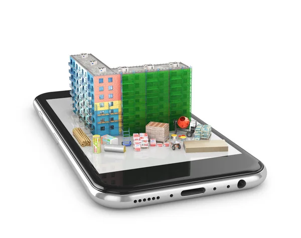 Mobiltelefon som det finns en mockup av byggmaterial. Byggnaden. 3D illustration — Stockfoto