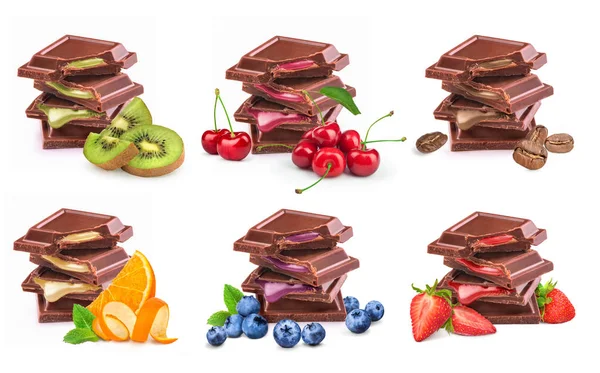Uppsättning av chokladbitar med olika fyllningar — Stockfoto