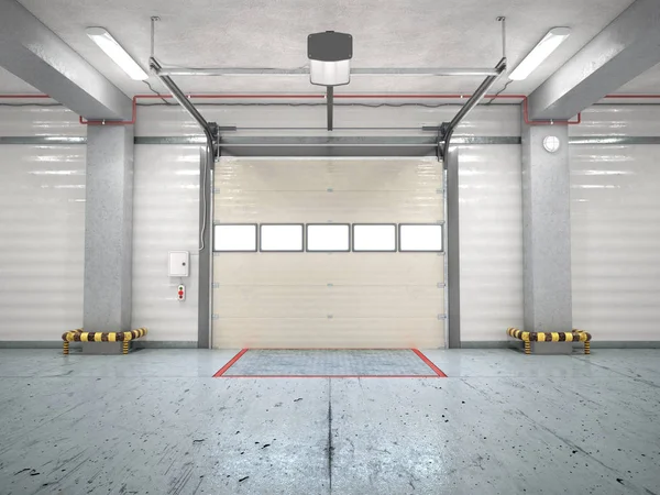 Hangar interiör med grind. 3D illustration — Stockfoto