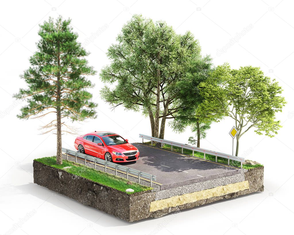 Road coat structure. Piece of road with layers. 3d illustration