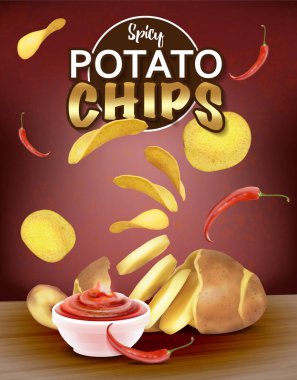 Patates parçaları. Baharat ile altın chips. Vektör gerçekçi çizim.