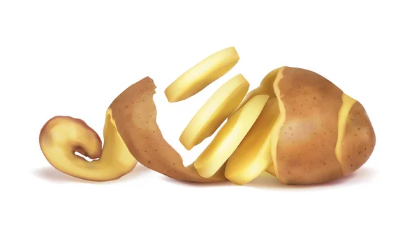 Vector amarillo patatas crudas peladas con cáscara retorcida. Ilustración realista sobre fondo blanco — Vector de stock