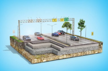 Yol kat yapısı. Katmanları ile yol parçası. 3D çizim