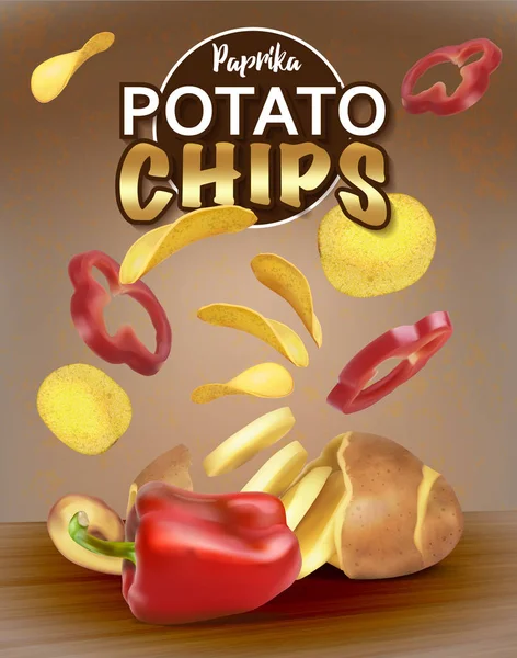 Marker med paprika. Skär potatis. Förpackningsdesign för chips. Realistiska vektorillustration. — Stock vektor