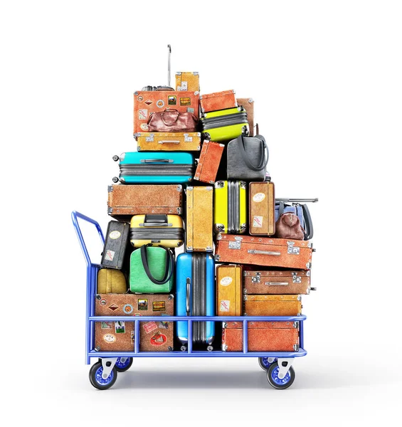 Pile of various styles of suitcases isolated on a white. 3d illustration — Stock Photo, Image