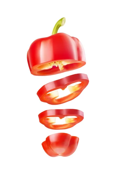 Red bell pepper sliced in rings, flying in the air. — Stock Vector