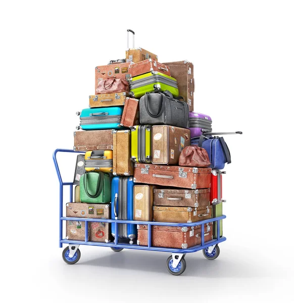 Pile of various styles of suitcases isolated on a white. 3d illustration — Stock Photo, Image