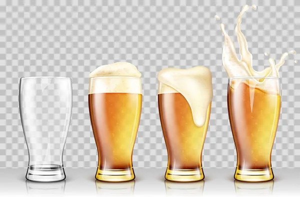 Zestaw różnych okulary piwo pełne i puste. Na przezroczystym tle. Ilustracja wektorowa realistyczne — Wektor stockowy
