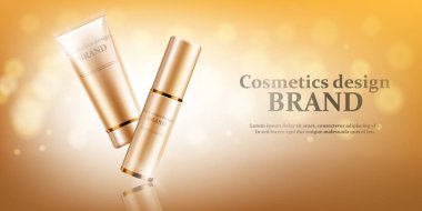 Altın Kozmetik Şişeler mockup altın arka plan, vektör çizim üzerinde