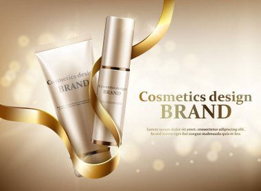 Altın arka plan üzerinde altın bir kurdele ile iki kozmetik kavanoz. Vektör çizim