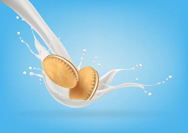 Un sándwich de galletas cae en un chorrito de leche aislado sobre un fondo azul. Ilustración vectorial — Vector de stock