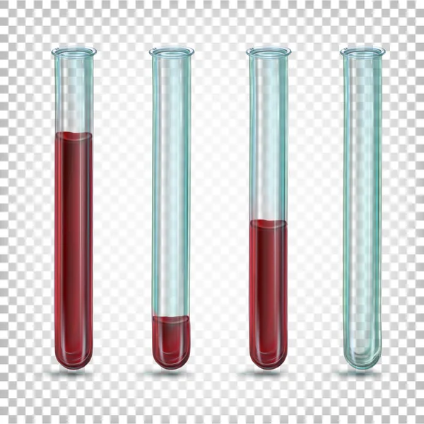 Tubos de ensaio de vidro de laboratório com sangue de diferentes quantidades. Ilustração vetorial sobre fundo transparente . —  Vetores de Stock