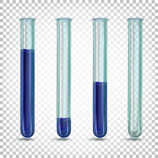 Tubos de vidrio de laboratorio con un líquido azul oscuro de diferentes amou — Vector de stock