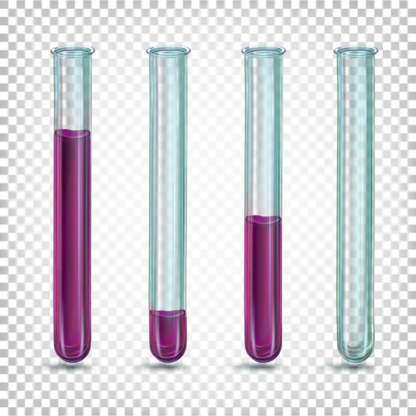 Tubos de vidro de laboratório com um líquido roxo de diferentes quantidades —  Vetores de Stock