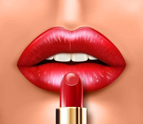 Face close up mouth with beautiful lipstick. Realistic vector illustration