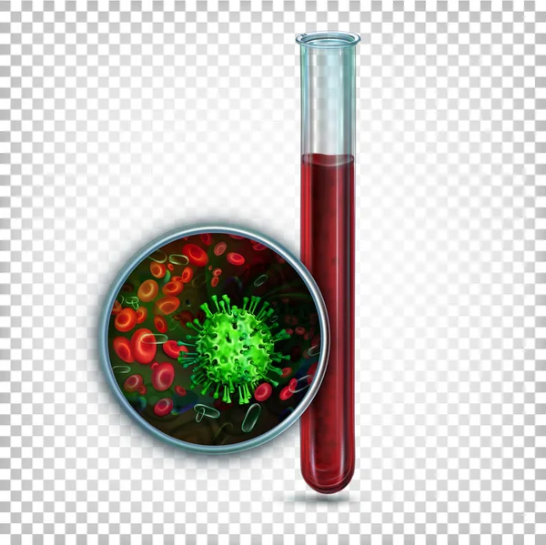 Glazen reageerbuis met bloed. Vergrote bloed onder de microscoop met virussen en bacteriën. — Stockvector