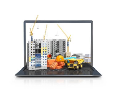 Taşınabilir bir bilgisayar, gökdelen bina, yapı malzemeleri ekranında inşaat sitesi. 3D çizim