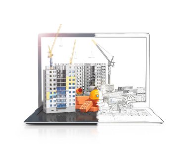 Taşınabilir bir bilgisayarın ekranında inşaat sitesi, skyscrap