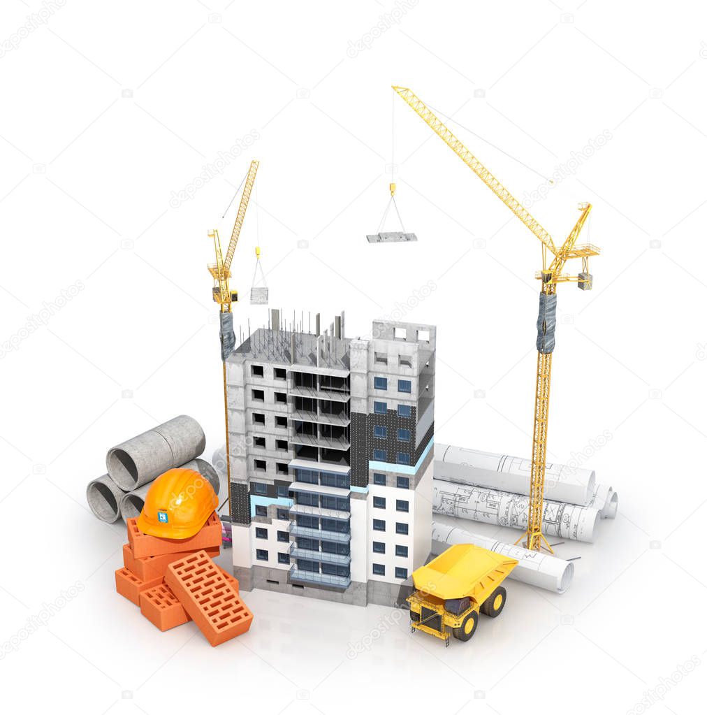  concept of construction. High-rise building with insulated facade. drawings with a plan and building materials near the building. 3d illustration