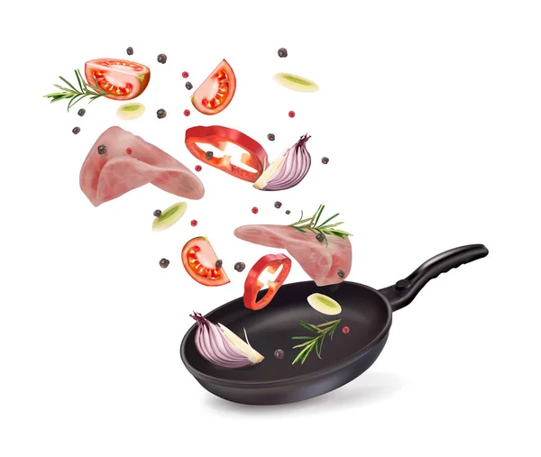 Illustration vectorielle de poêle au jambon et légumes — Image vectorielle