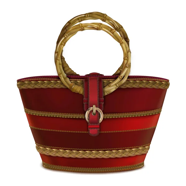 Bolso de mano rojo para mujer con asa redonda de bambú decorada con un — Vector de stock
