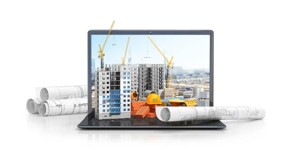 Construction site on the screen of a laptop computer, skyscraper, drawing plan, building materials. 3d illustration — Stock Photo, Image