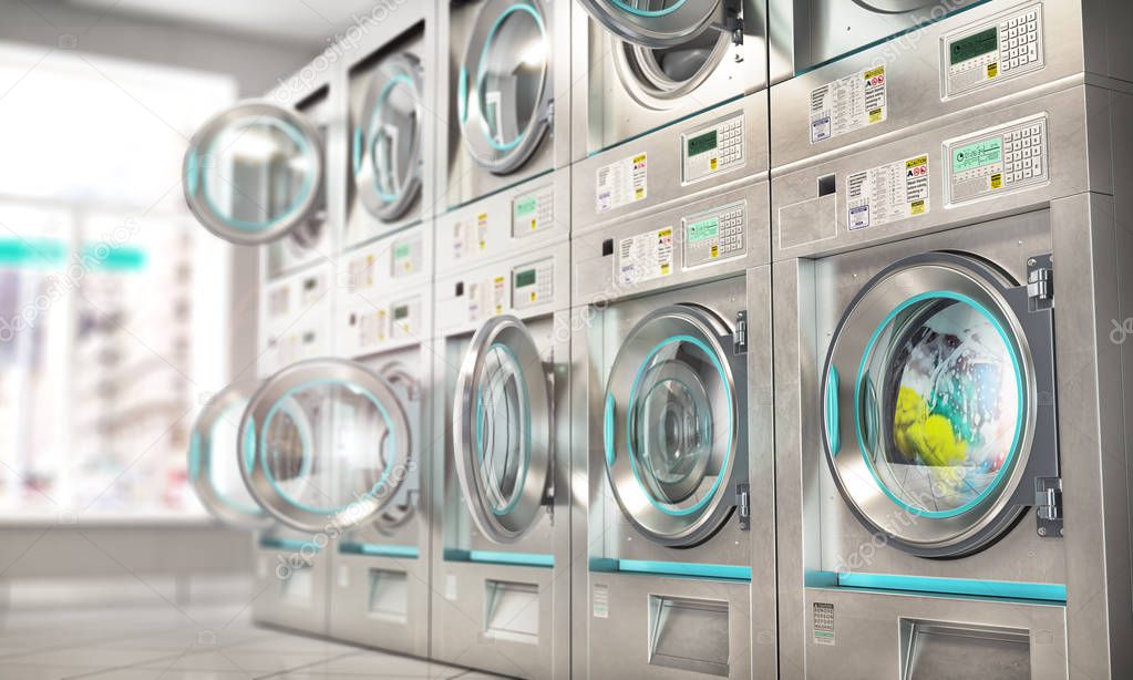 Laundry. Industrial washing machines in the laundry. 3d illustration