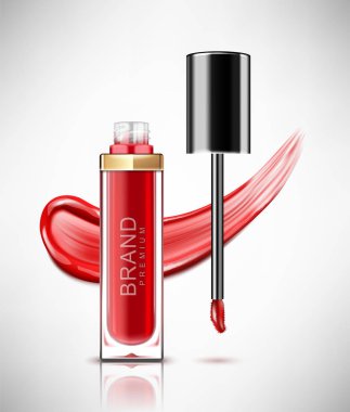 Sıvı ruj, siyah kapak ve lekelenmiş kırmızı ruj ile zarif cam şişe dudak parlatıcısı. Gerçekçi vektör illüstrasyon