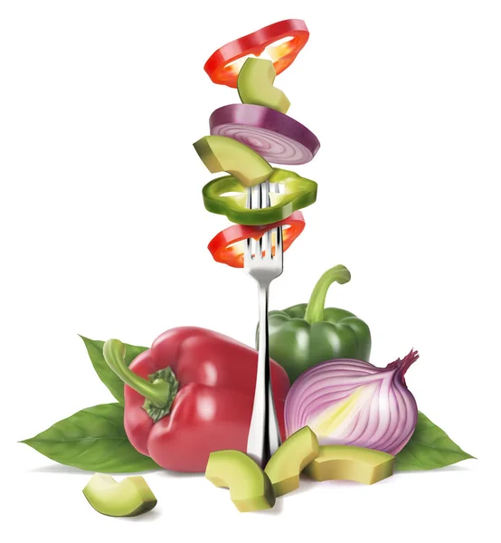 Composición de verduras frescas. Cortar las verduras en un tenedor con — Archivo Imágenes Vectoriales