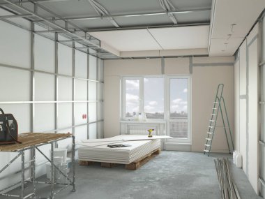 Daire onarım 3D illüstrasyon Alçıpan kurulum