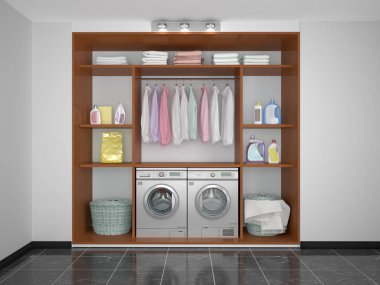 Kiler de çamaşırhanede. Çamaşır makinesi ve kurutucu. 3D çizim