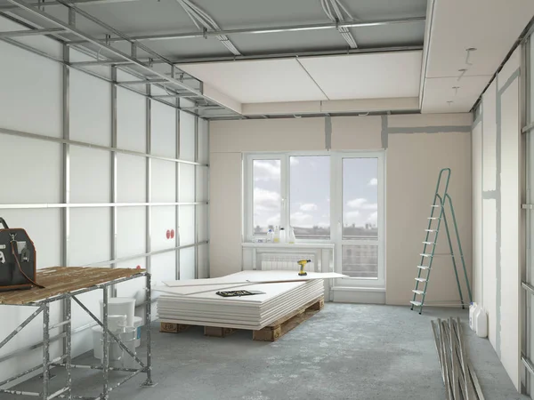 Daire onarım 3D illüstrasyon Alçıpan kurulum