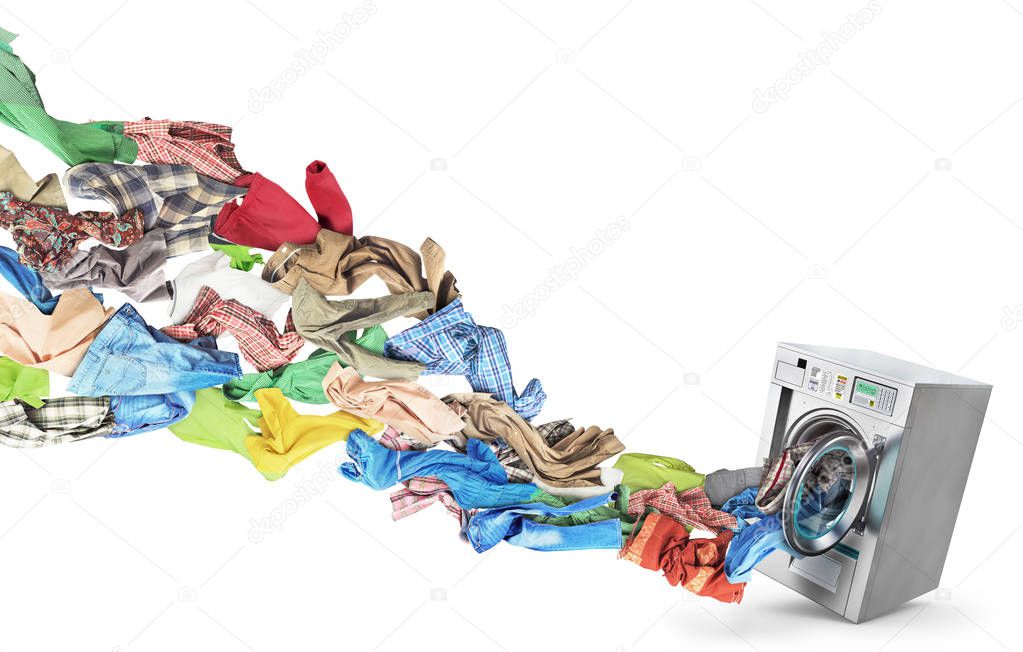 Clothing flies out of washing machine on a white background