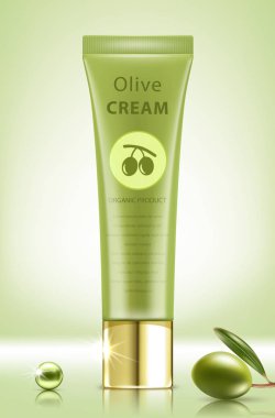 Tasarım için boş Kozmetik Konteyner. Yeşil arka planda zeytin kremi konteyner. Gerçekçi vektör illüstrasyon