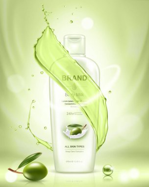 Gerçekçi Kozmetik şişe ve yeşil zeytin. Krem, losyon, şampuan, jel, Balsam için kozmetik konteyner. Vektör Illustration