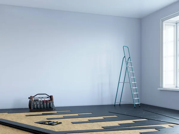 Montaż laminatu na piętrze pokoje 3D ilustracji — Zdjęcie stockowe