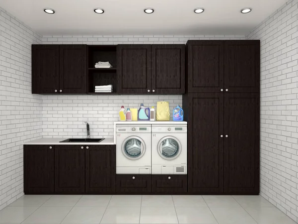 Lavadora y lavandería con estantes. Representación 3D. 8028378 Foto de  stock en Vecteezy