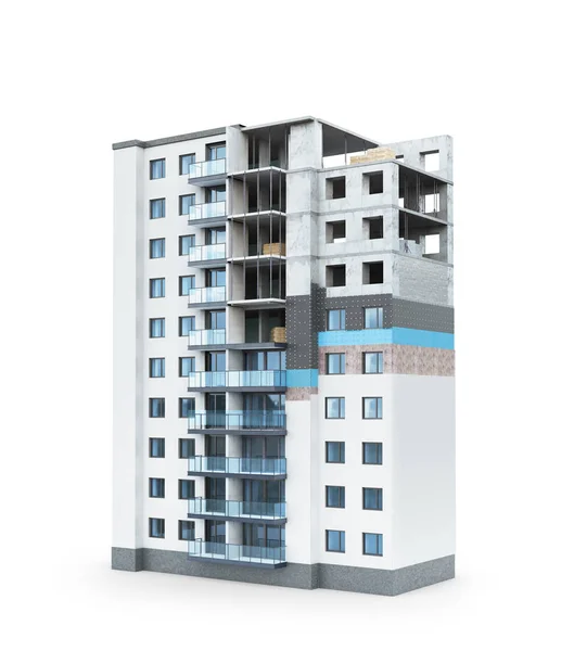 Budynku. Koncepcja budowania domu mieszkalnego, system ocieplenia elewacji wieżowego budynku. ilustracja 3D — Zdjęcie stockowe