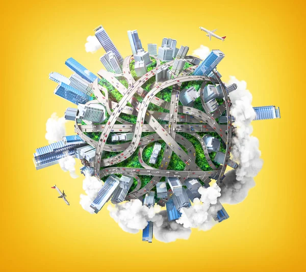 Eco City. Planet als concept voor chaotisch stedelijk leven. 3D illustratie — Stockfoto