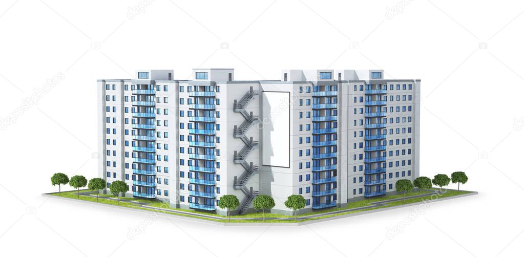 Condominium or modern residential building. Real estate development and the concept of urban growth. 3d illustration