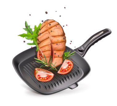 Vector Illustration ızgara somon ile Pan