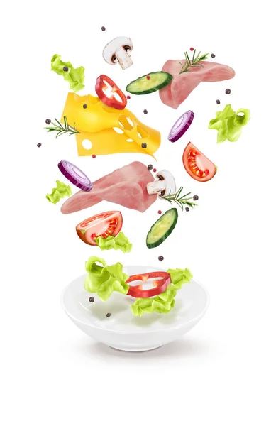 Ilustração vetorial de uma salada de pepino cogumelos de carne de queijo em —  Vetores de Stock