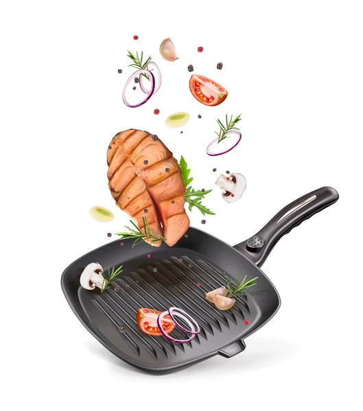 Vettoriale griglia illustrazione padella con salmone e aglio — Vettoriale Stock