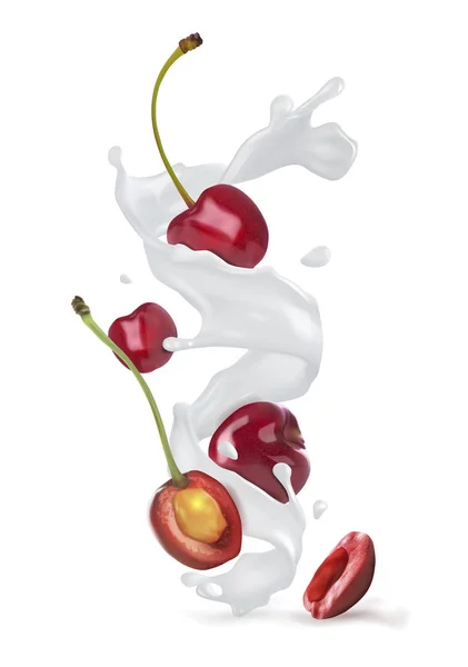 Splash mleka lub jogurtu z jagodami słodkich wiśniowych. Wektor realistyczna ilustracja na białym tle. — Wektor stockowy