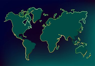 Parlayan Neon kontur ile koyu renkli arka planda Dünya Haritası