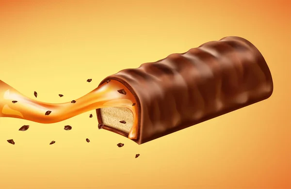 Barre de chocolat sucrée avec garnitures au caramel. Vecteur réaliste illu — Image vectorielle