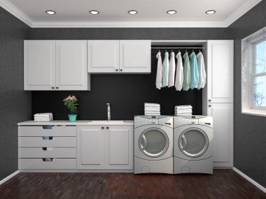 Çamaşır makinesi içeren çamaşır odası tasarımı. 3D çizim