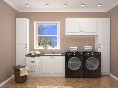 Çamaşır makinesi içeren çamaşır odası tasarımı. 3D çizim