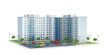 Evler boyunca açık otoparkta park etmiş arabalar. 3d illüstrasyon