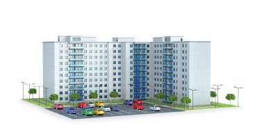 Evler boyunca açık otoparkta park etmiş arabalar. 3d illüstrasyon